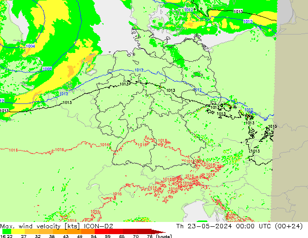 Max. wind velocity ICON-D2 Th 23.05.2024 00 UTC