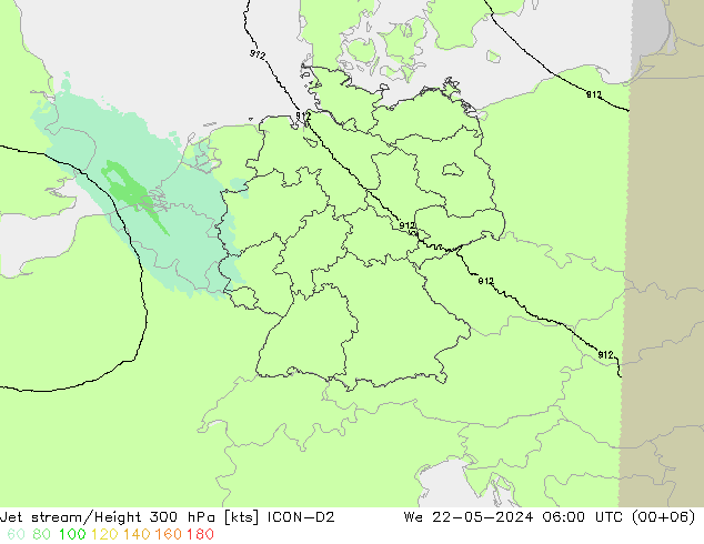 Corriente en chorro ICON-D2 mié 22.05.2024 06 UTC