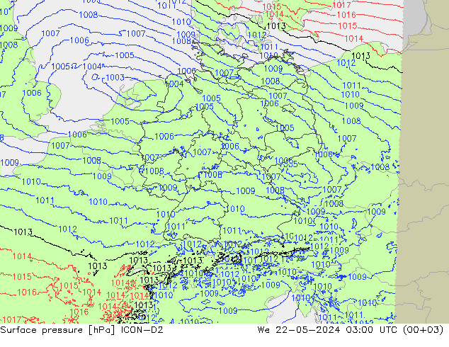 Presión superficial ICON-D2 mié 22.05.2024 03 UTC