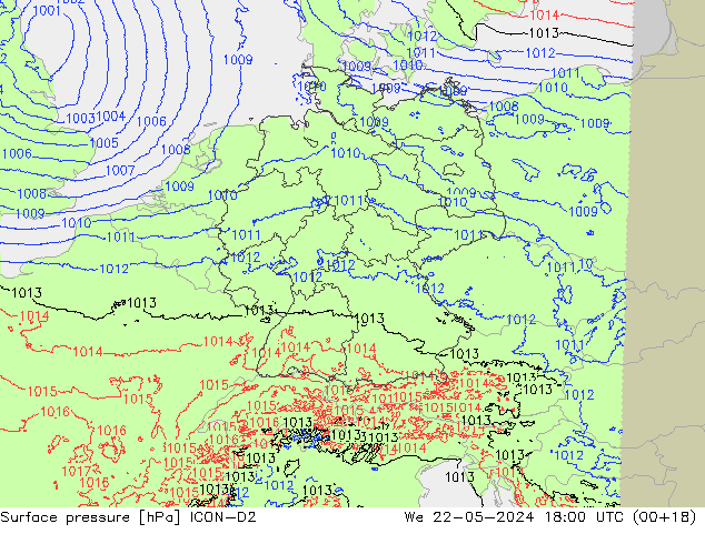 Atmosférický tlak ICON-D2 St 22.05.2024 18 UTC