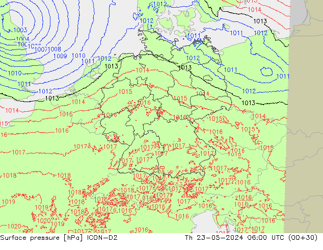 Surface pressure ICON-D2 Th 23.05.2024 06 UTC