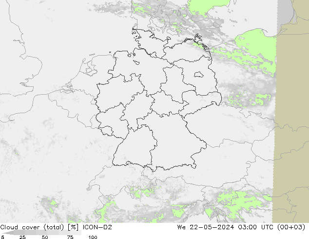 Nubes (total) ICON-D2 mié 22.05.2024 03 UTC