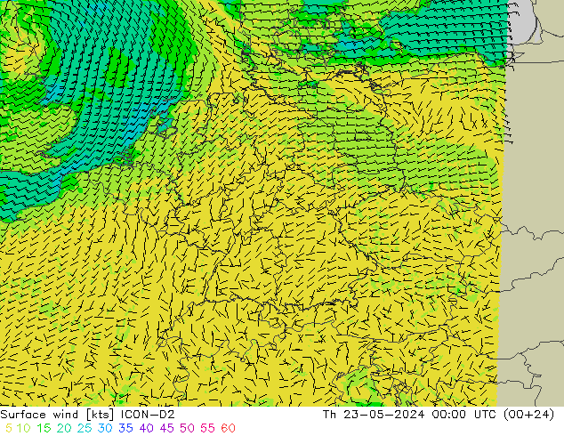 Vento 10 m ICON-D2 gio 23.05.2024 00 UTC