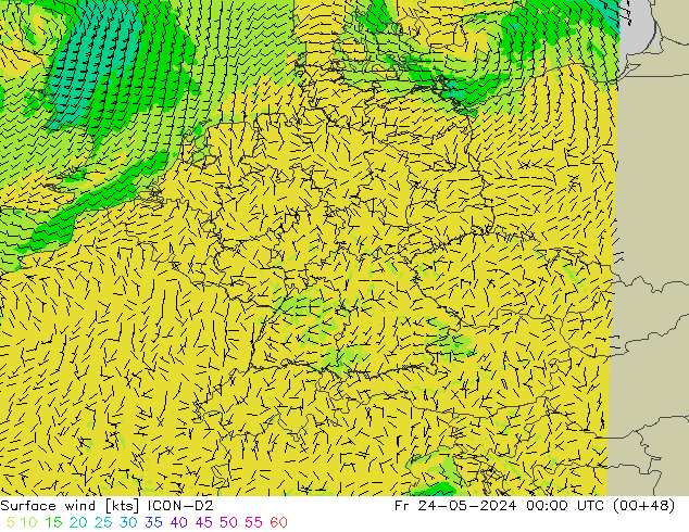 Surface wind ICON-D2 Fr 24.05.2024 00 UTC