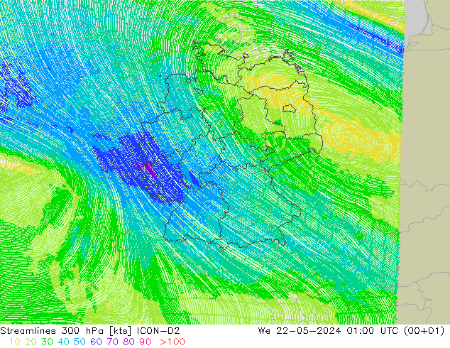 Streamlines 300 hPa ICON-D2 We 22.05.2024 01 UTC