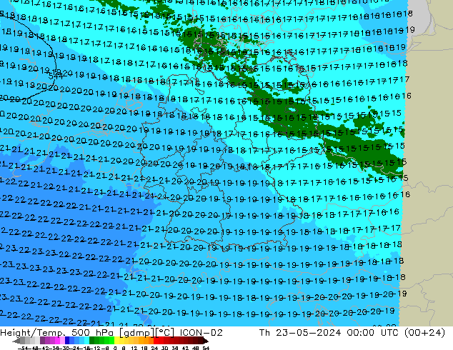 Height/Temp. 500 hPa ICON-D2 Th 23.05.2024 00 UTC