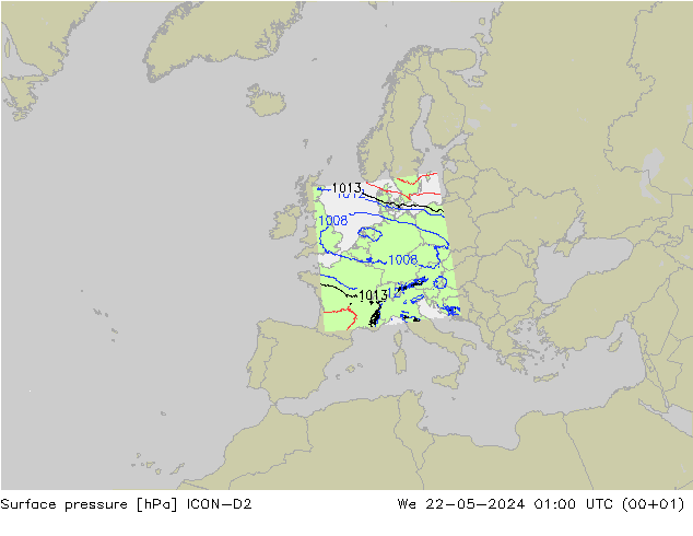 Surface pressure ICON-D2 We 22.05.2024 01 UTC