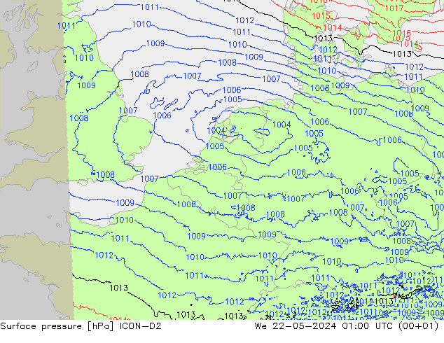 Atmosférický tlak ICON-D2 St 22.05.2024 01 UTC