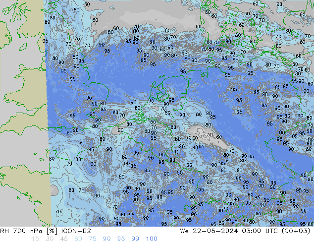 RH 700 hPa ICON-D2 Mi 22.05.2024 03 UTC