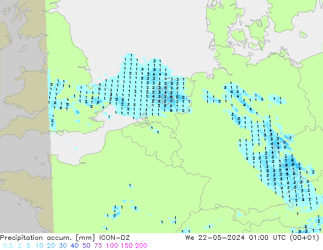 Precipitation accum. ICON-D2 We 22.05.2024 01 UTC