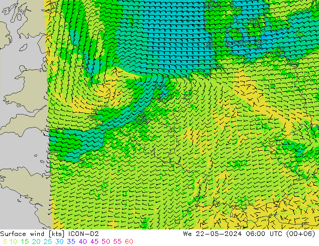 Wind 10 m ICON-D2 wo 22.05.2024 06 UTC