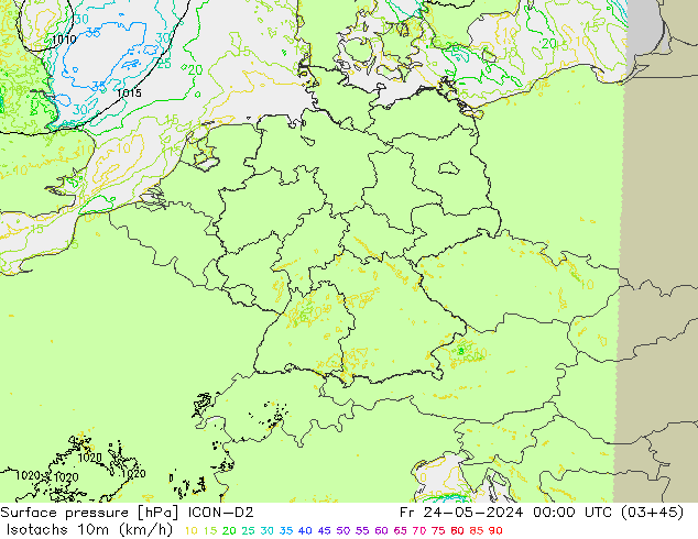 Izotacha (km/godz) ICON-D2 pt. 24.05.2024 00 UTC