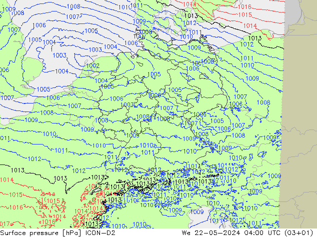 Presión superficial ICON-D2 mié 22.05.2024 04 UTC