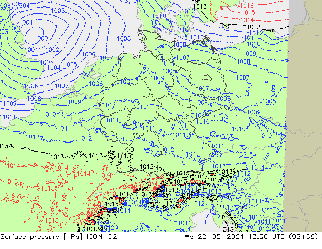 Atmosférický tlak ICON-D2 St 22.05.2024 12 UTC