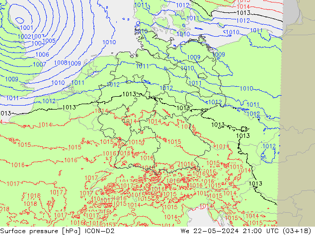 pressão do solo ICON-D2 Qua 22.05.2024 21 UTC