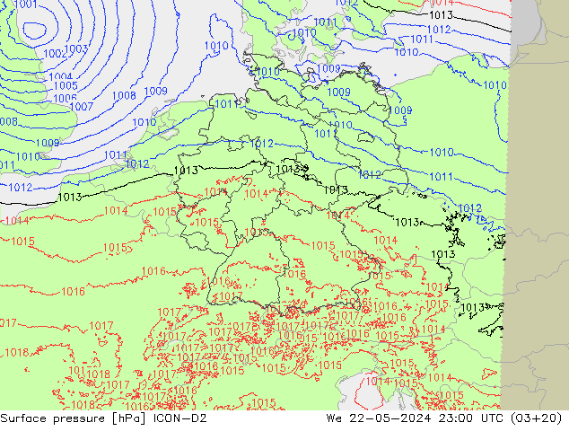 Pressione al suolo ICON-D2 mer 22.05.2024 23 UTC