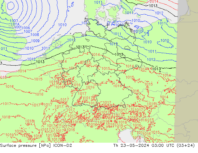 Atmosférický tlak ICON-D2 Čt 23.05.2024 03 UTC