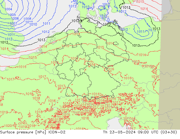 pressão do solo ICON-D2 Qui 23.05.2024 09 UTC