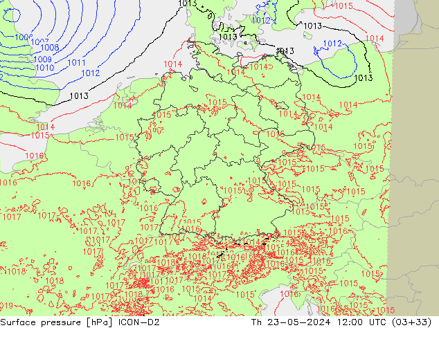 Atmosférický tlak ICON-D2 Čt 23.05.2024 12 UTC