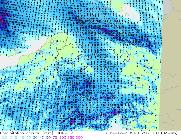Toplam Yağış ICON-D2 Cu 24.05.2024 03 UTC