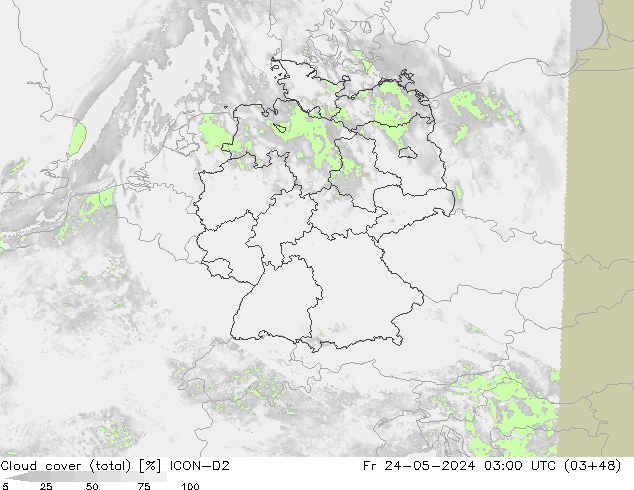 Cloud cover (total) ICON-D2 Pá 24.05.2024 03 UTC