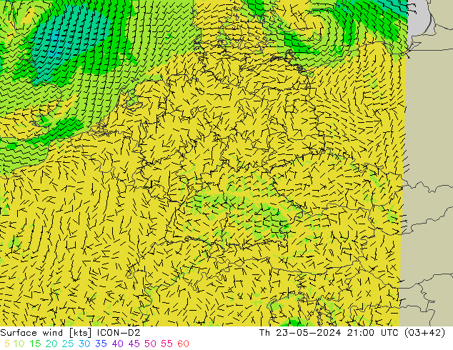 Vento 10 m ICON-D2 gio 23.05.2024 21 UTC