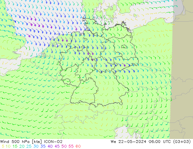 Wind 500 hPa ICON-D2 We 22.05.2024 06 UTC