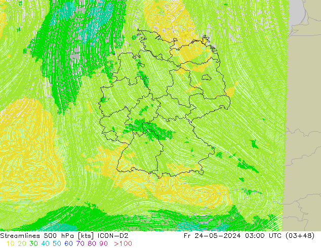 Ligne de courant 500 hPa ICON-D2 ven 24.05.2024 03 UTC