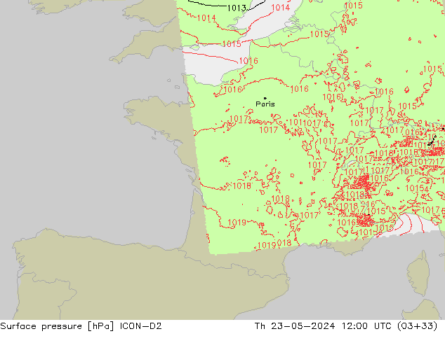 ciśnienie ICON-D2 czw. 23.05.2024 12 UTC