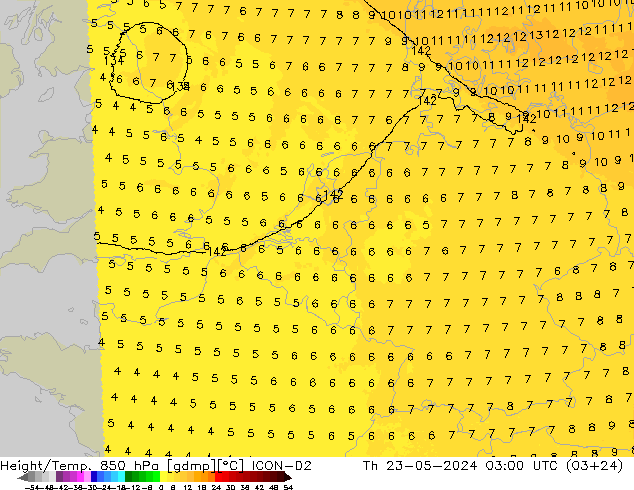 Height/Temp. 850 hPa ICON-D2 星期四 23.05.2024 03 UTC