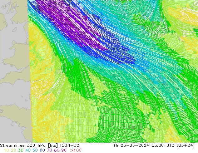 风 300 hPa ICON-D2 星期四 23.05.2024 03 UTC