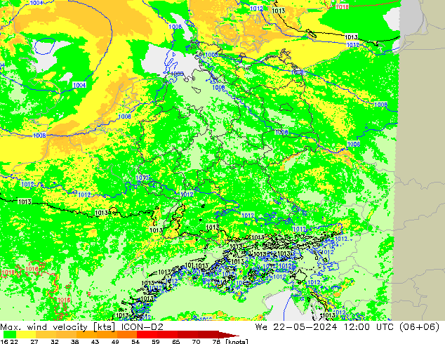 Max. wind velocity ICON-D2 mer 22.05.2024 12 UTC