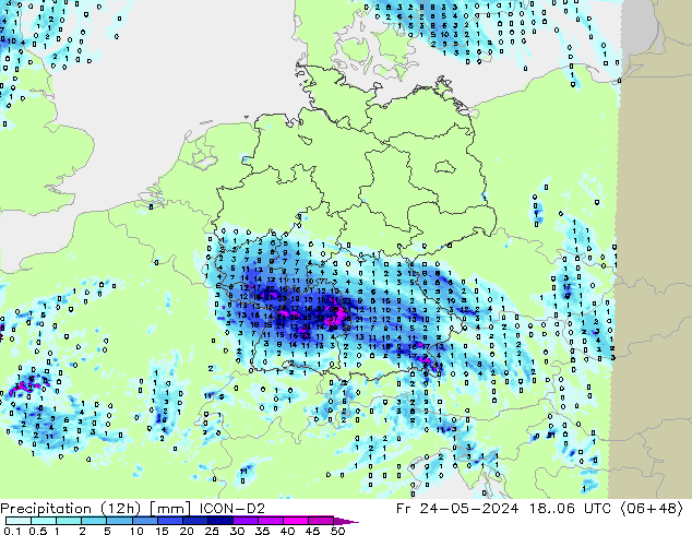 Precipitation (12h) ICON-D2 Pá 24.05.2024 06 UTC