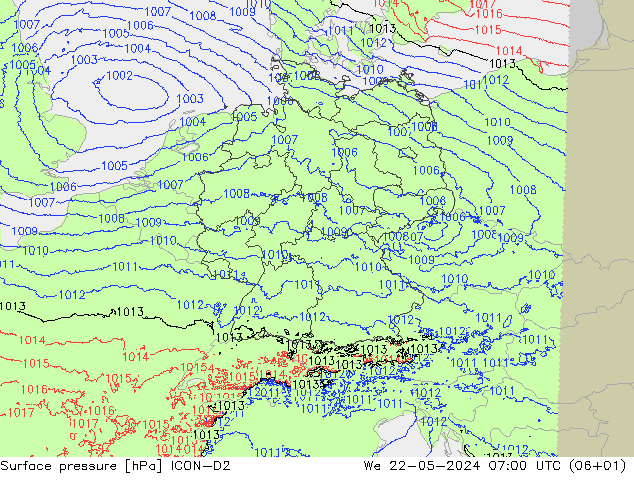 地面气压 ICON-D2 星期三 22.05.2024 07 UTC