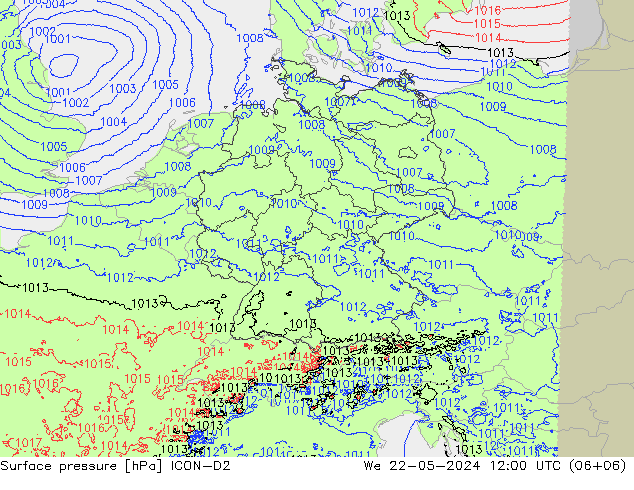 地面气压 ICON-D2 星期三 22.05.2024 12 UTC