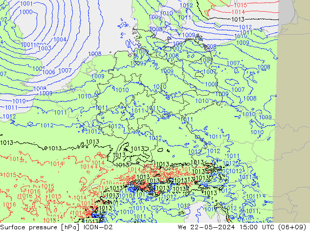 Atmosférický tlak ICON-D2 St 22.05.2024 15 UTC
