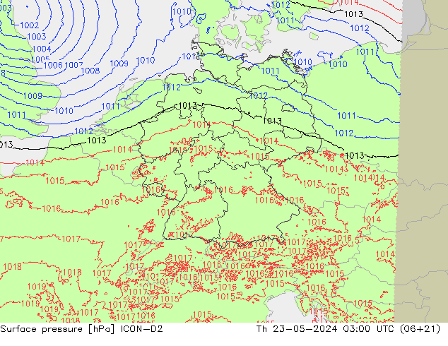 Atmosférický tlak ICON-D2 Čt 23.05.2024 03 UTC