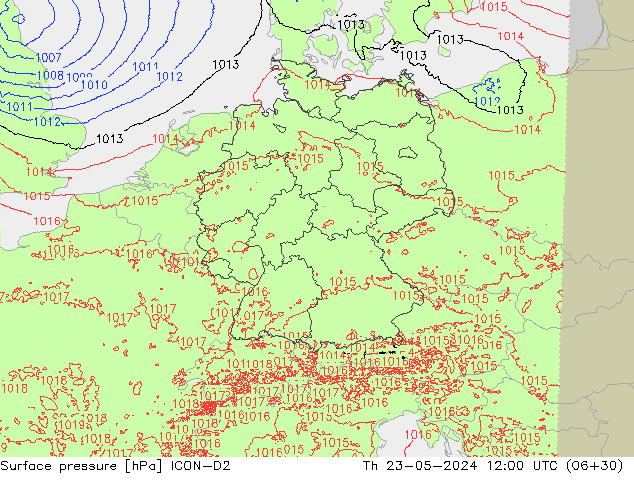 Atmosférický tlak ICON-D2 Čt 23.05.2024 12 UTC