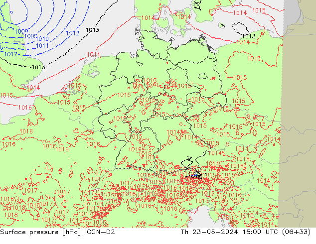 Pressione al suolo ICON-D2 gio 23.05.2024 15 UTC