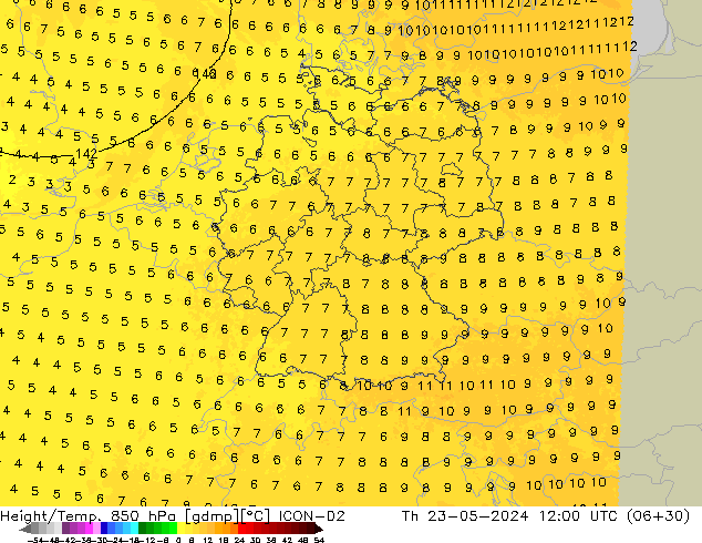 Height/Temp. 850 hPa ICON-D2 Th 23.05.2024 12 UTC