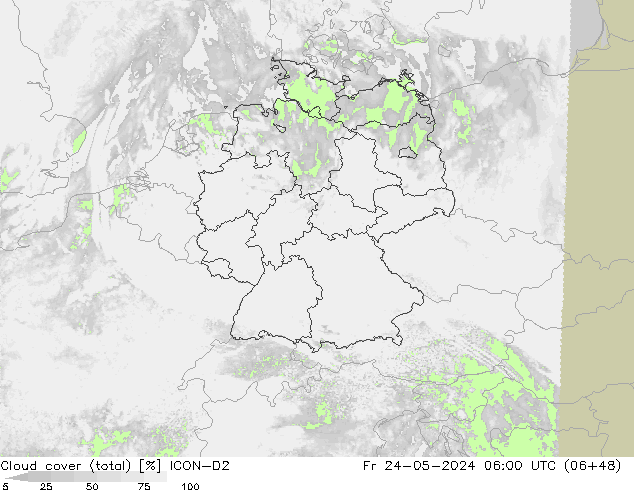 Cloud cover (total) ICON-D2 Fr 24.05.2024 06 UTC