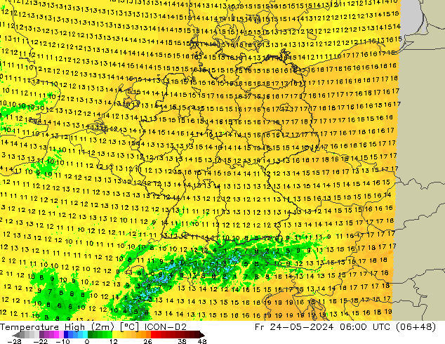 Temperature High (2m) ICON-D2 Fr 24.05.2024 06 UTC