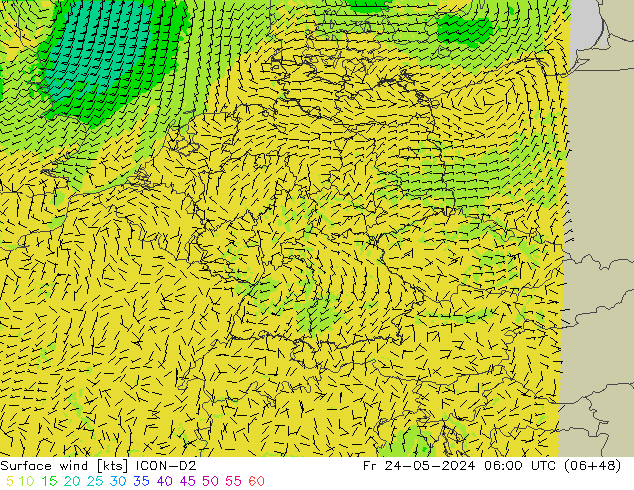 Surface wind ICON-D2 Fr 24.05.2024 06 UTC