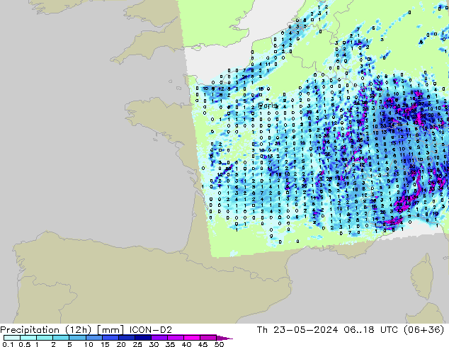Precipitation (12h) ICON-D2 Th 23.05.2024 18 UTC