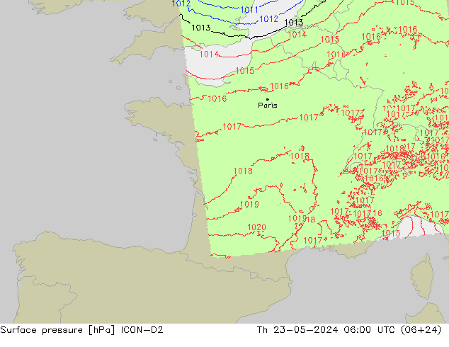 Surface pressure ICON-D2 Th 23.05.2024 06 UTC