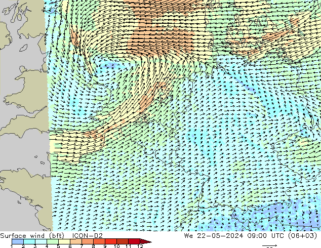 Surface wind (bft) ICON-D2 St 22.05.2024 09 UTC