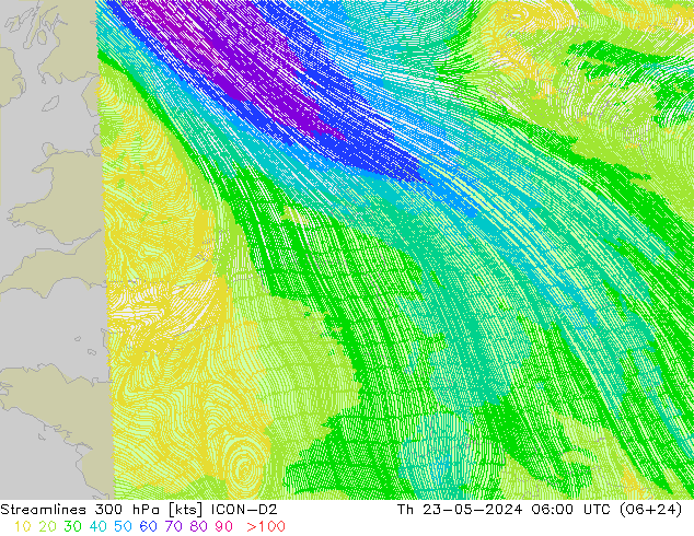 Linea di flusso 300 hPa ICON-D2 gio 23.05.2024 06 UTC