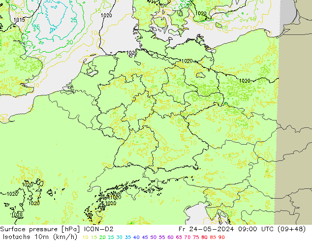 Isotachs (kph) ICON-D2 Pá 24.05.2024 09 UTC