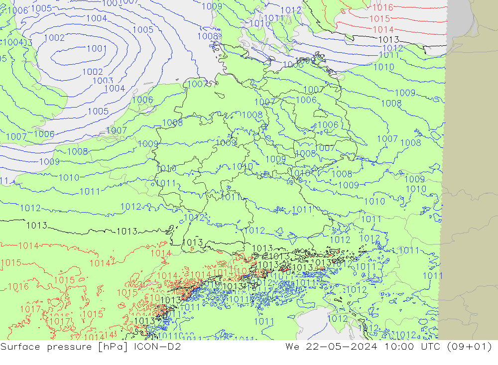 地面气压 ICON-D2 星期三 22.05.2024 10 UTC