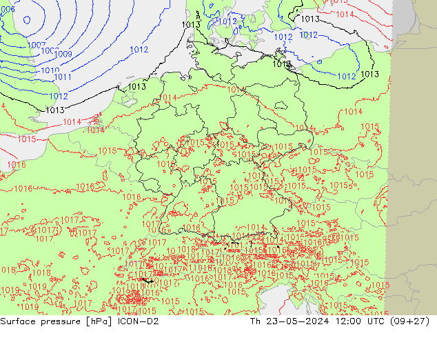 Atmosférický tlak ICON-D2 Čt 23.05.2024 12 UTC